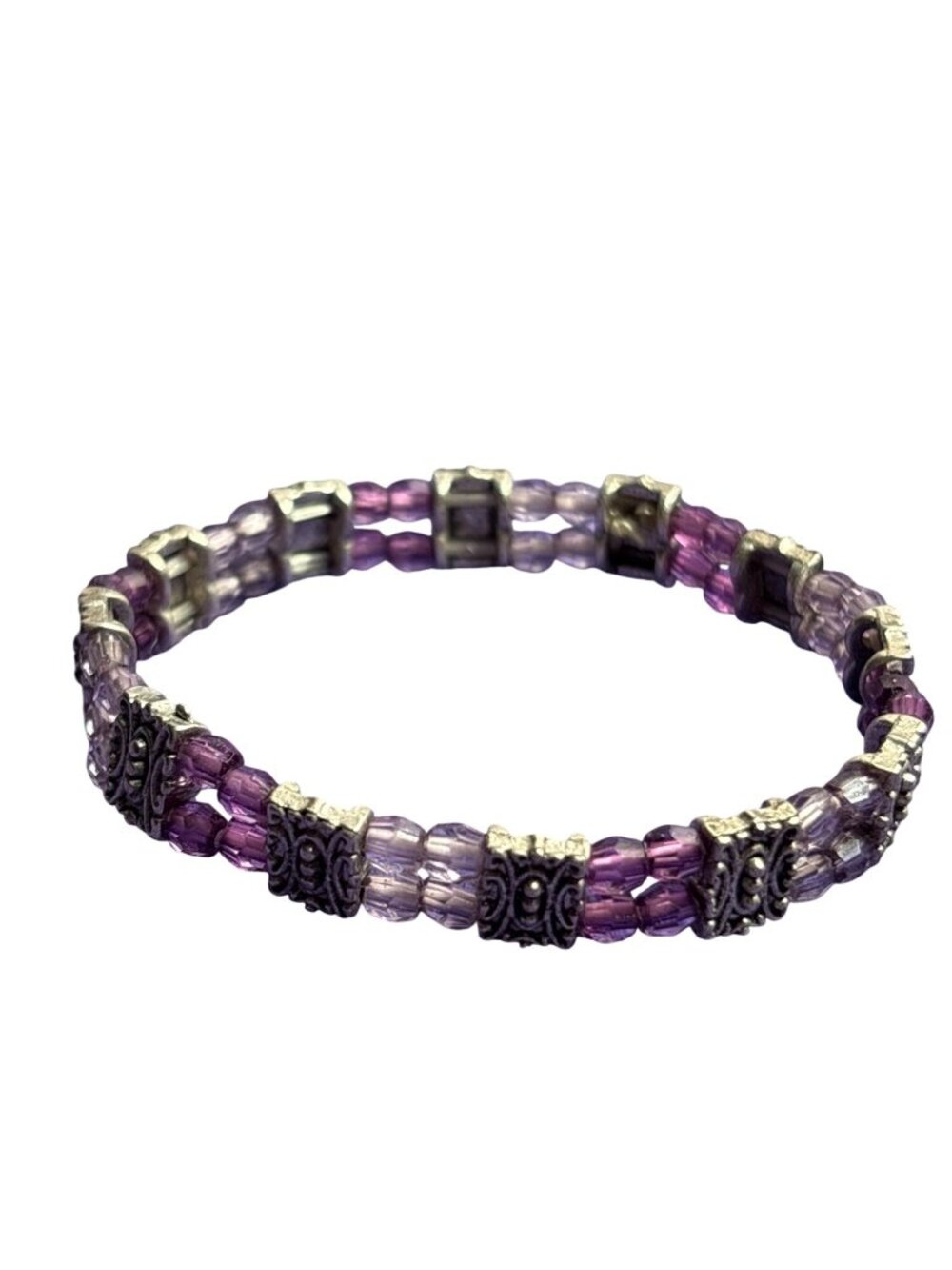 Silvertone Rectangles Purple Plastic Beaded Stretchy Bracelet 6 inches Unstretch